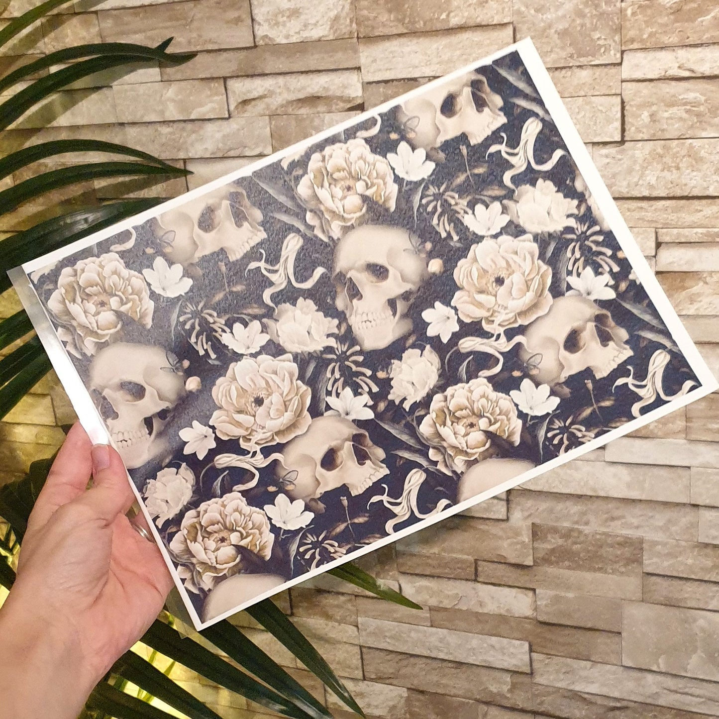 Ivory Flowers Skulls Gothic Edible Print Cake Wrap