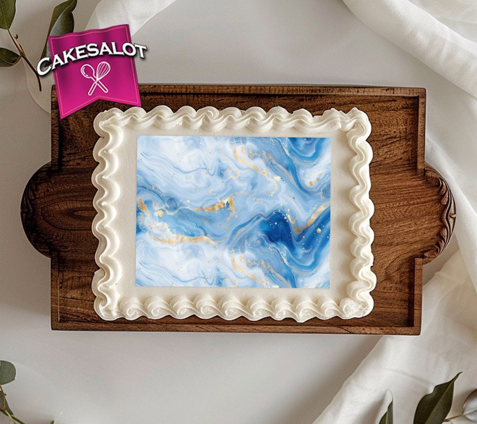 Blue White and Gold Marble Edible Print Cake Wrap