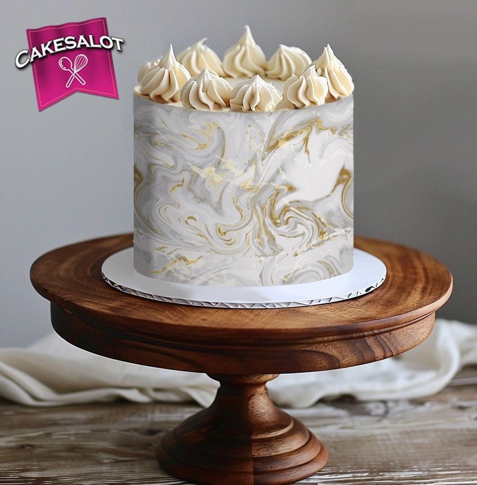 White Grey Gold Light Marble Edible Print Cake Wrap