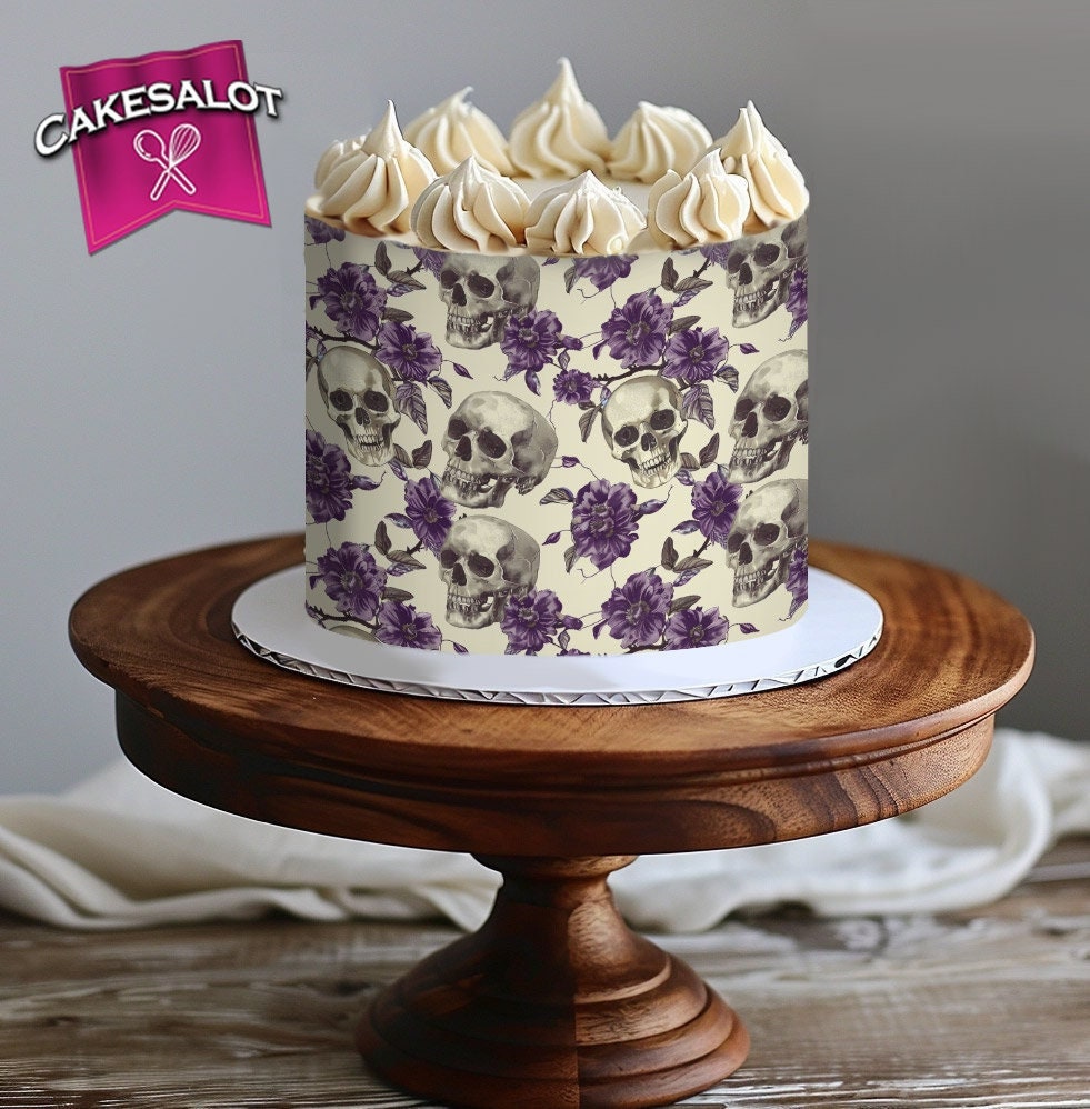 Purple Flowers Skulls Gothic Edible Print Cake Wrap