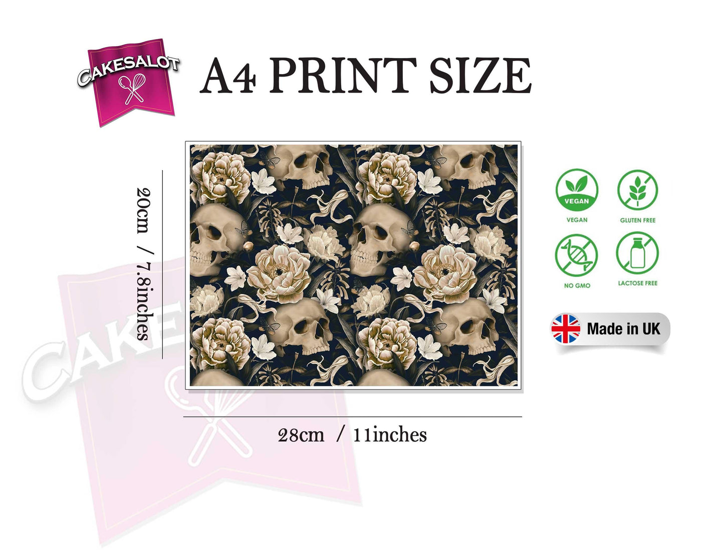 Ivory Flowers Skulls Gothic Edible Print Cake Wrap