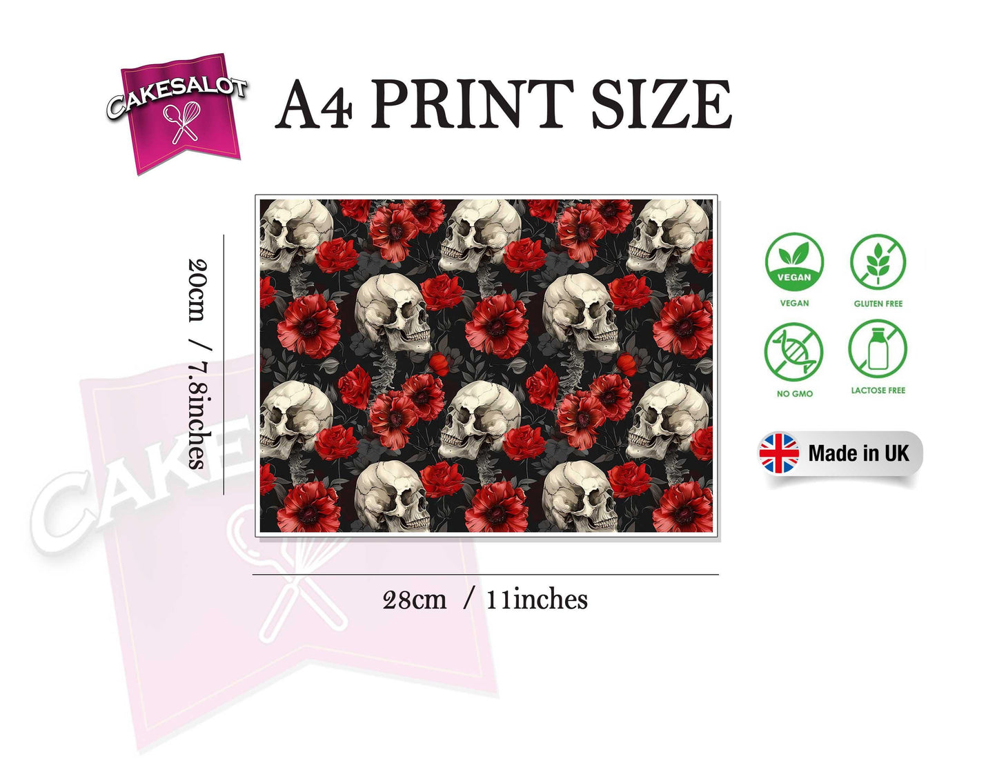 Red Flowers Skulls Gothic Edible Print Cake Wrap
