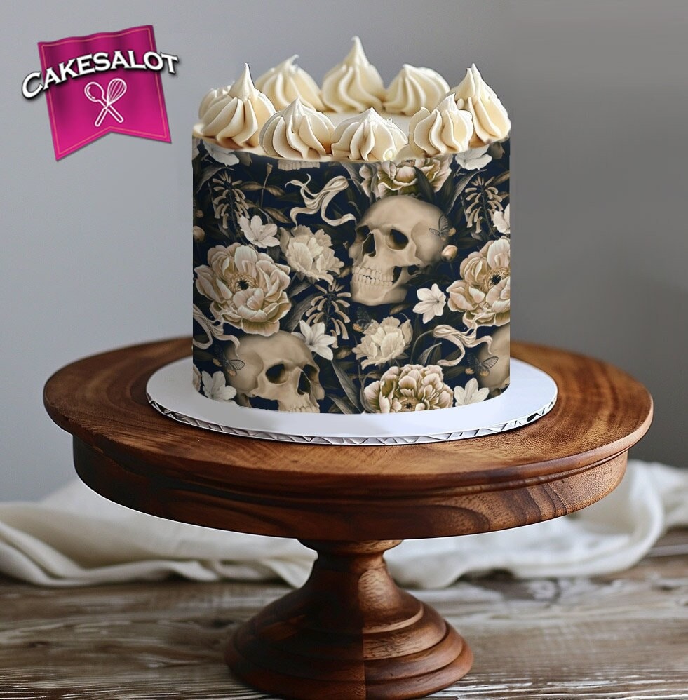 Ivory Flowers Skulls Gothic Edible Print Cake Wrap