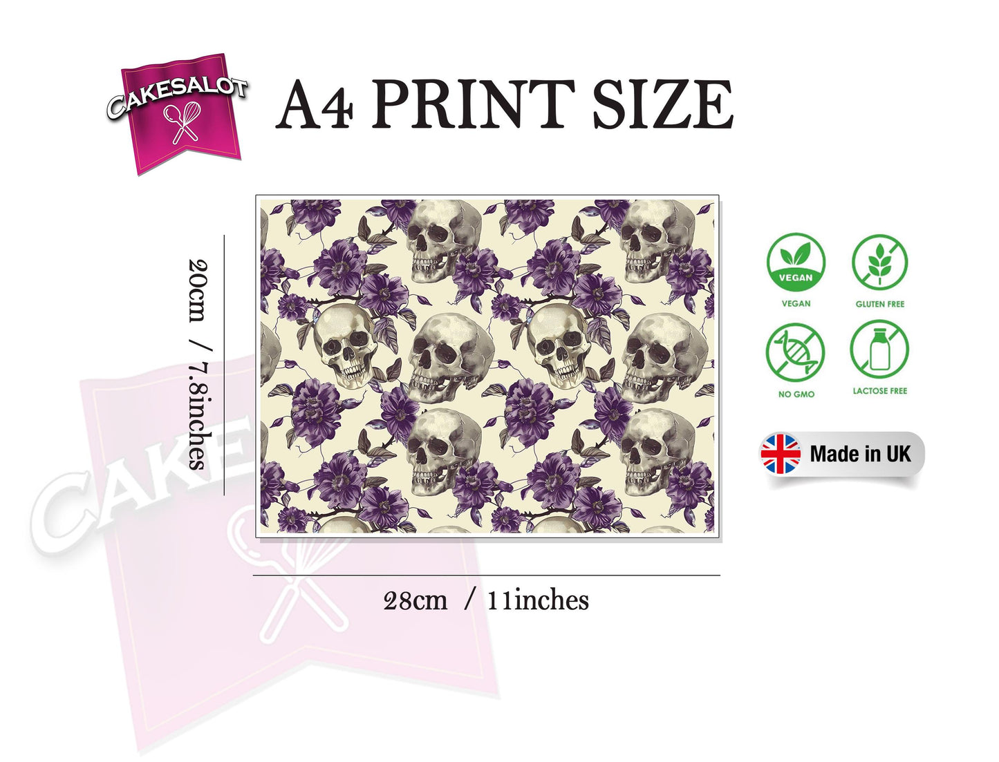 Purple Flowers Skulls Gothic Edible Print Cake Wrap