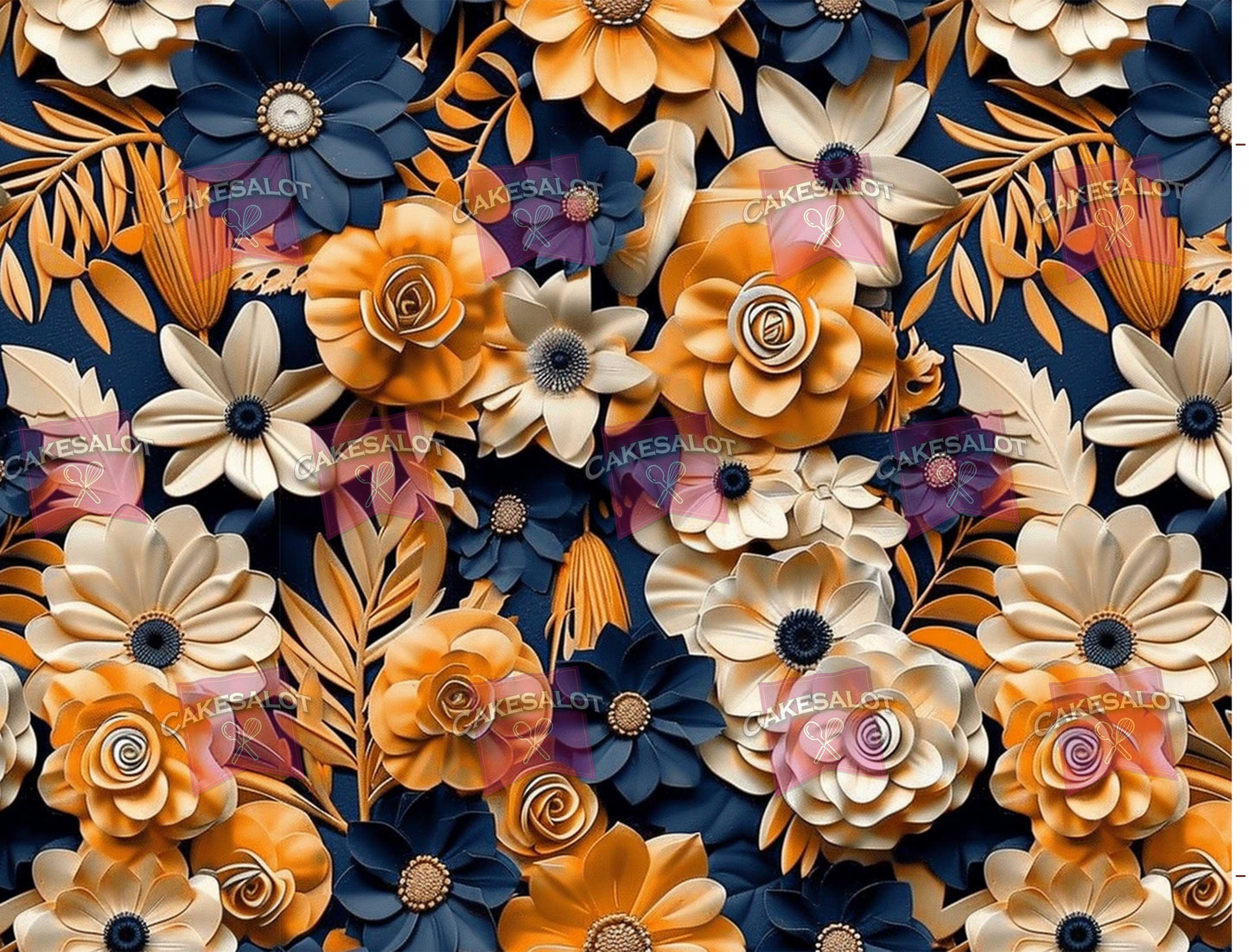 Navy Blue Orange Flowers Edible Print Cake Wrap
