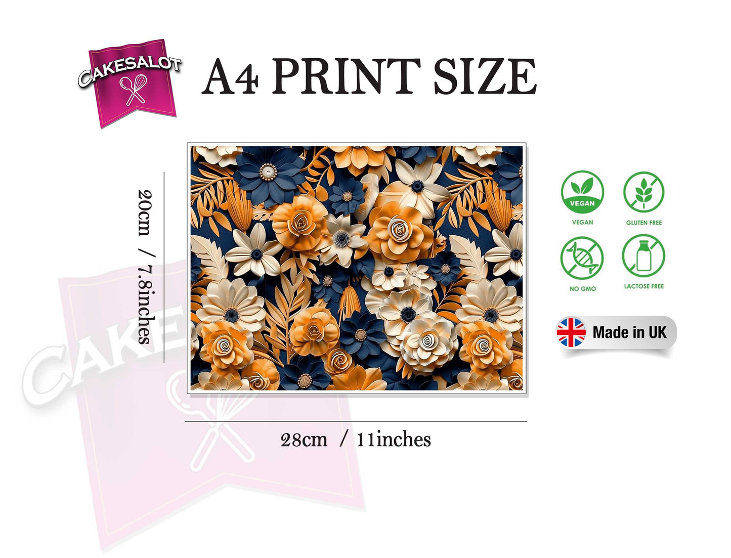 Navy Blue Orange Flowers Edible Print Cake Wrap