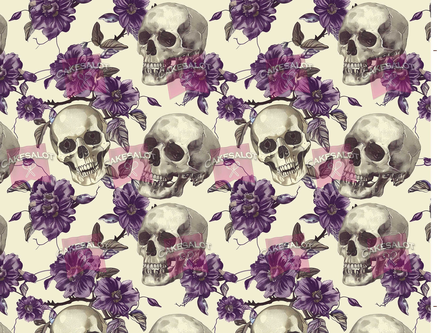 Purple Flowers Skulls Gothic Edible Print Cake Wrap