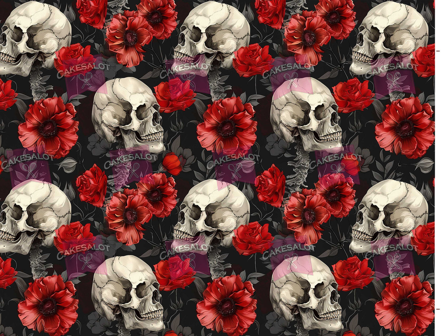 Red Flowers Skulls Gothic Edible Print Cake Wrap