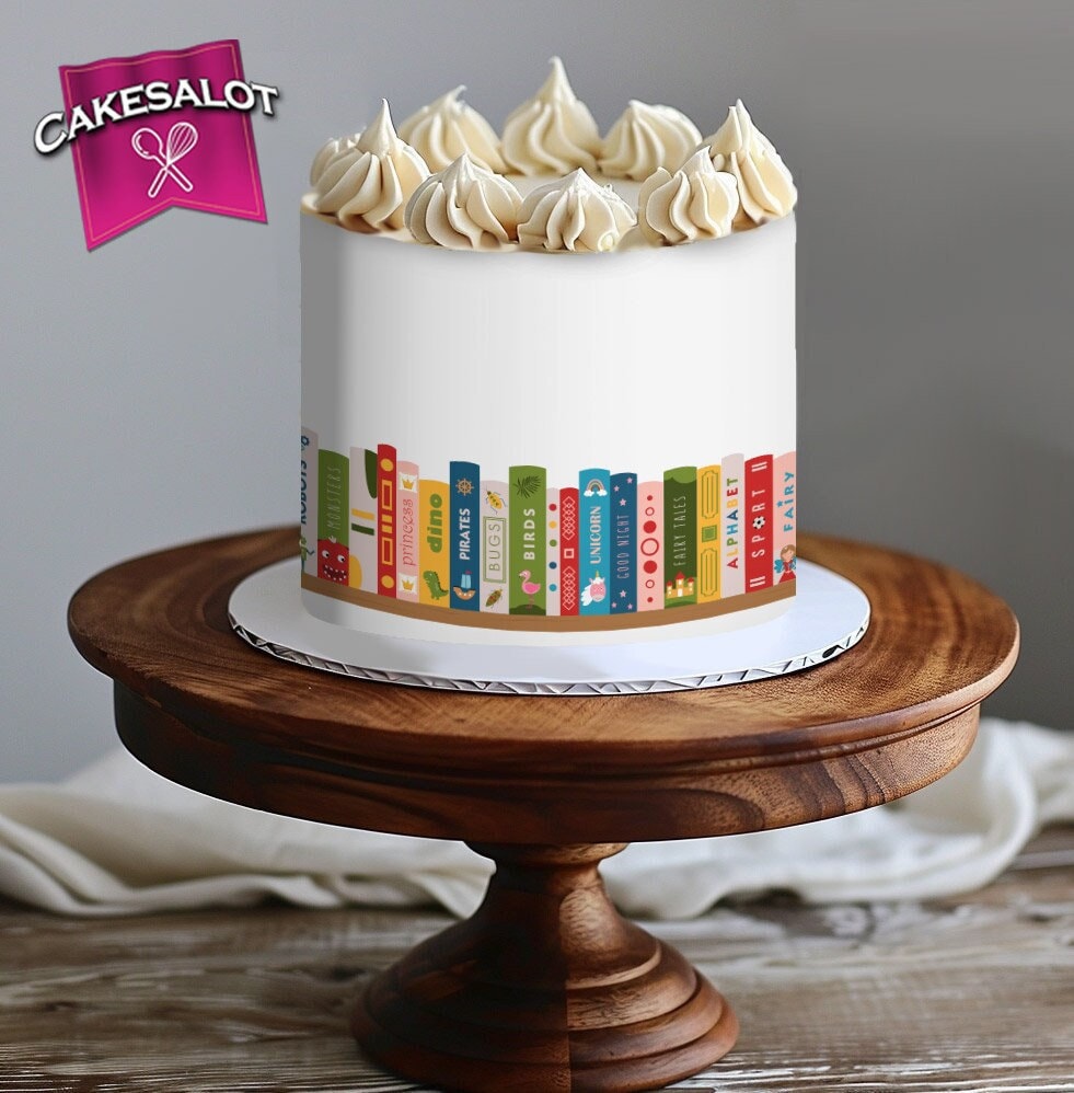 Childrens cake bookcase edible print cake wrap