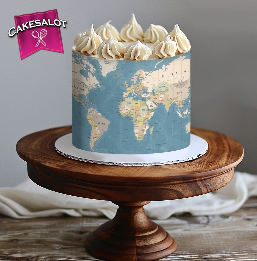 Edible print cake topper wrap of world map globe on icing sheet and wafer paper