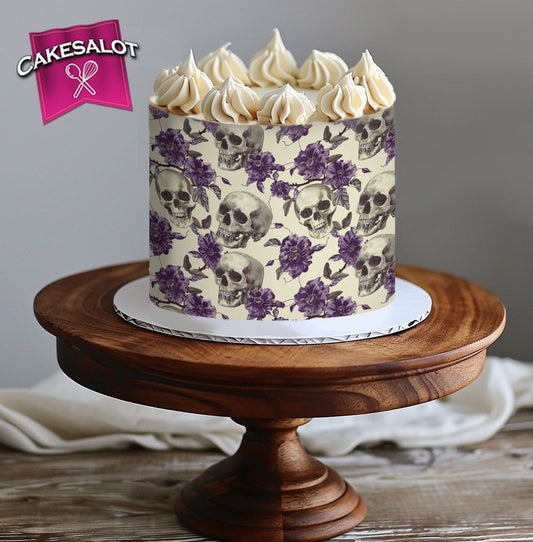 Purple Flowers Skulls Gothic Edible Print Cake Wrap