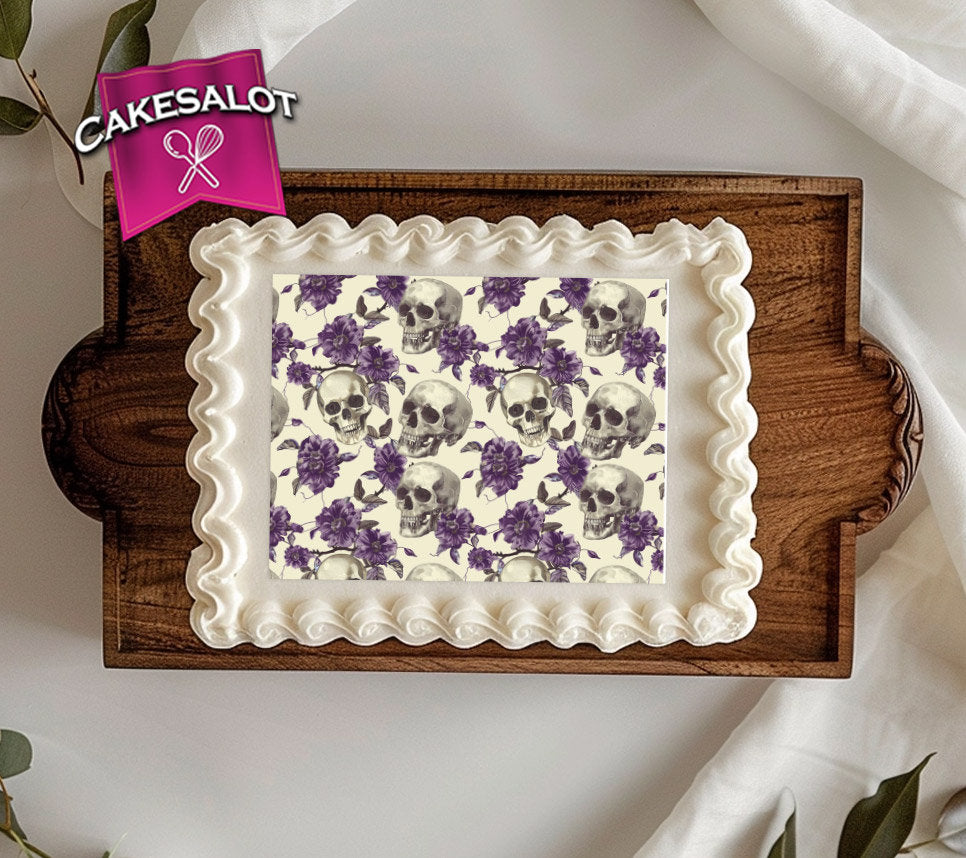 Purple Flowers Skulls Gothic Edible Print Cake Wrap