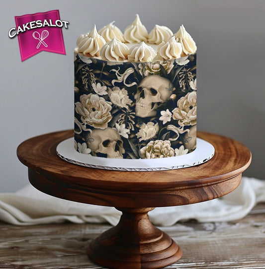 Ivory Flowers Skulls Gothic Edible Print Cake Wrap