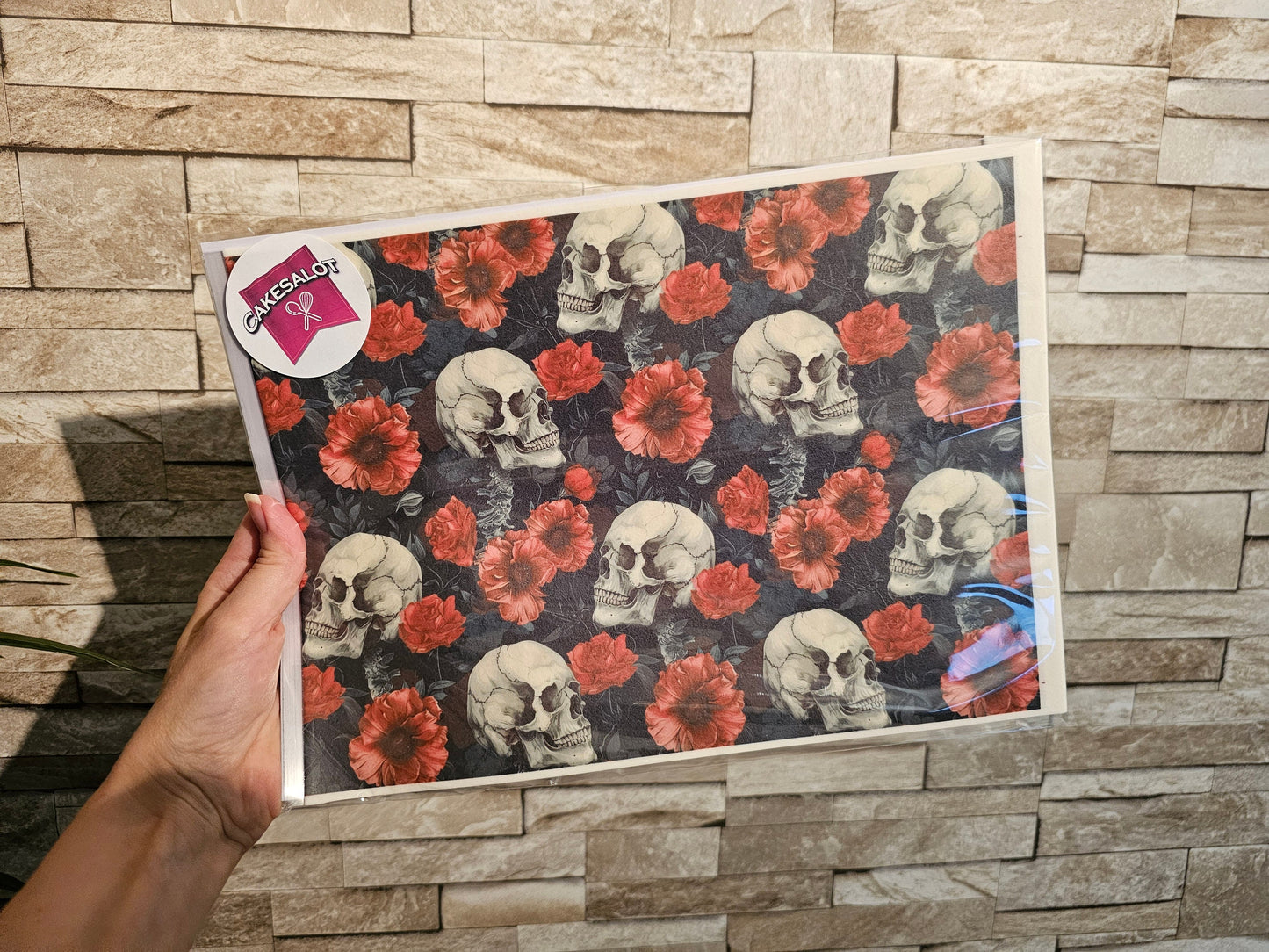 Red Flowers Skulls Gothic Edible Print Cake Wrap