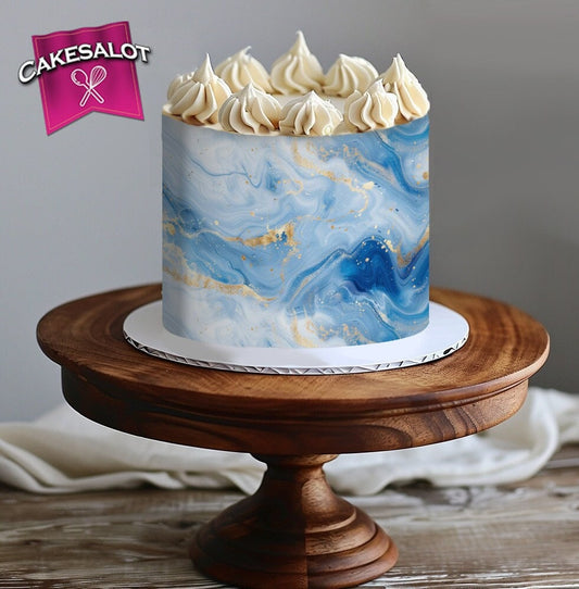 Blue White and Gold Marble Edible Print Cake Wrap
