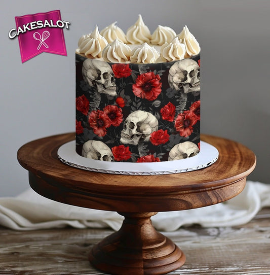 Red Flowers Skulls Gothic Edible Print Cake Wrap
