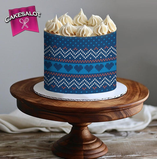 Blue Knitted Christmas Jumper Edible Print Cake Wrap